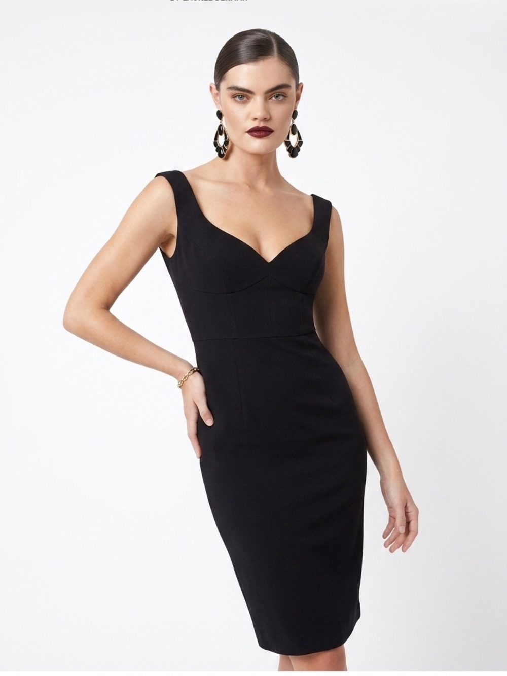 ❤️ Black Halo Black Classic Fitted Midi Sleeveless Sheath Dress Size 2